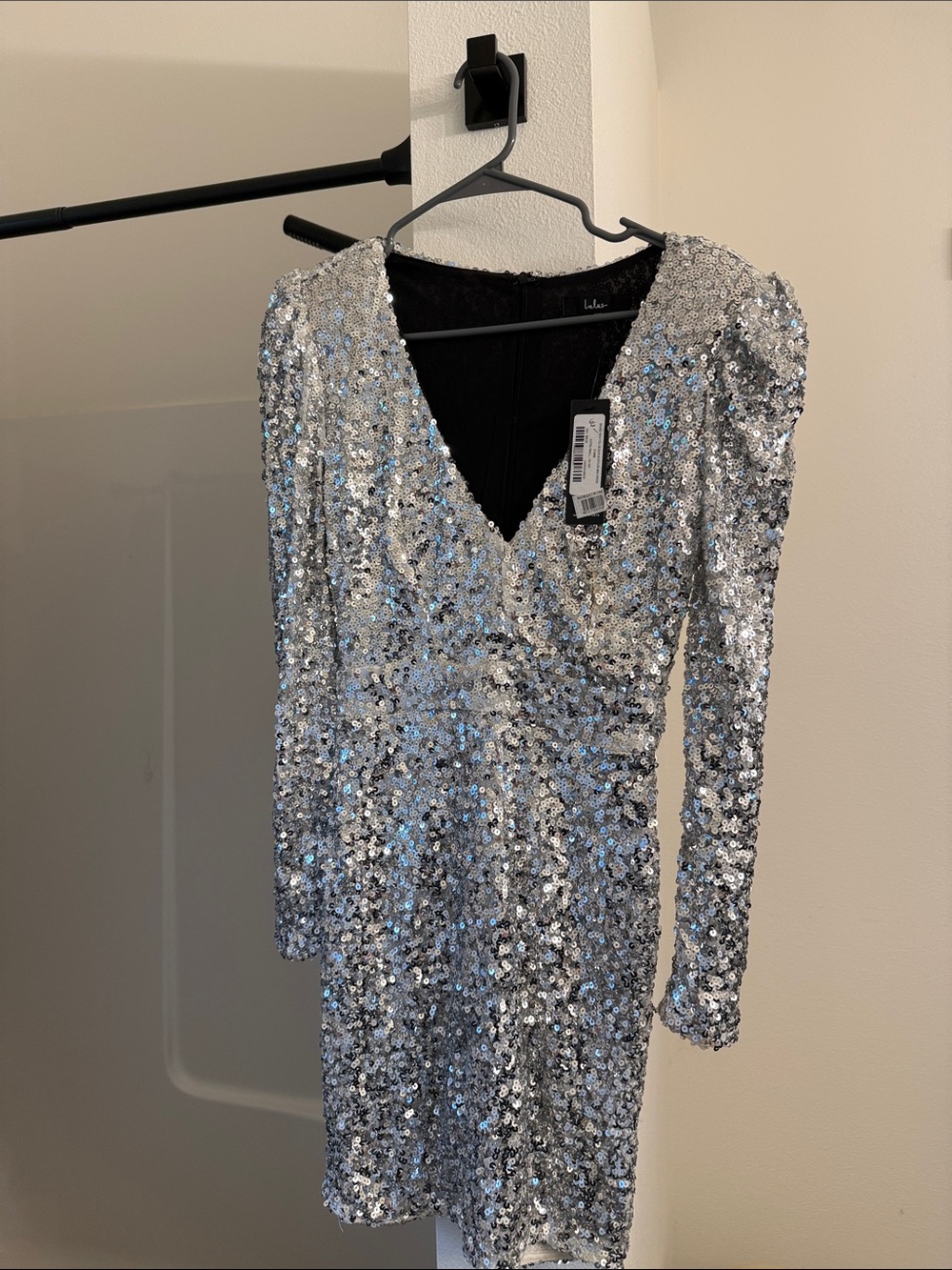 Lulu's Silver Sequin V-Neck Long Sleeve Mini Dress